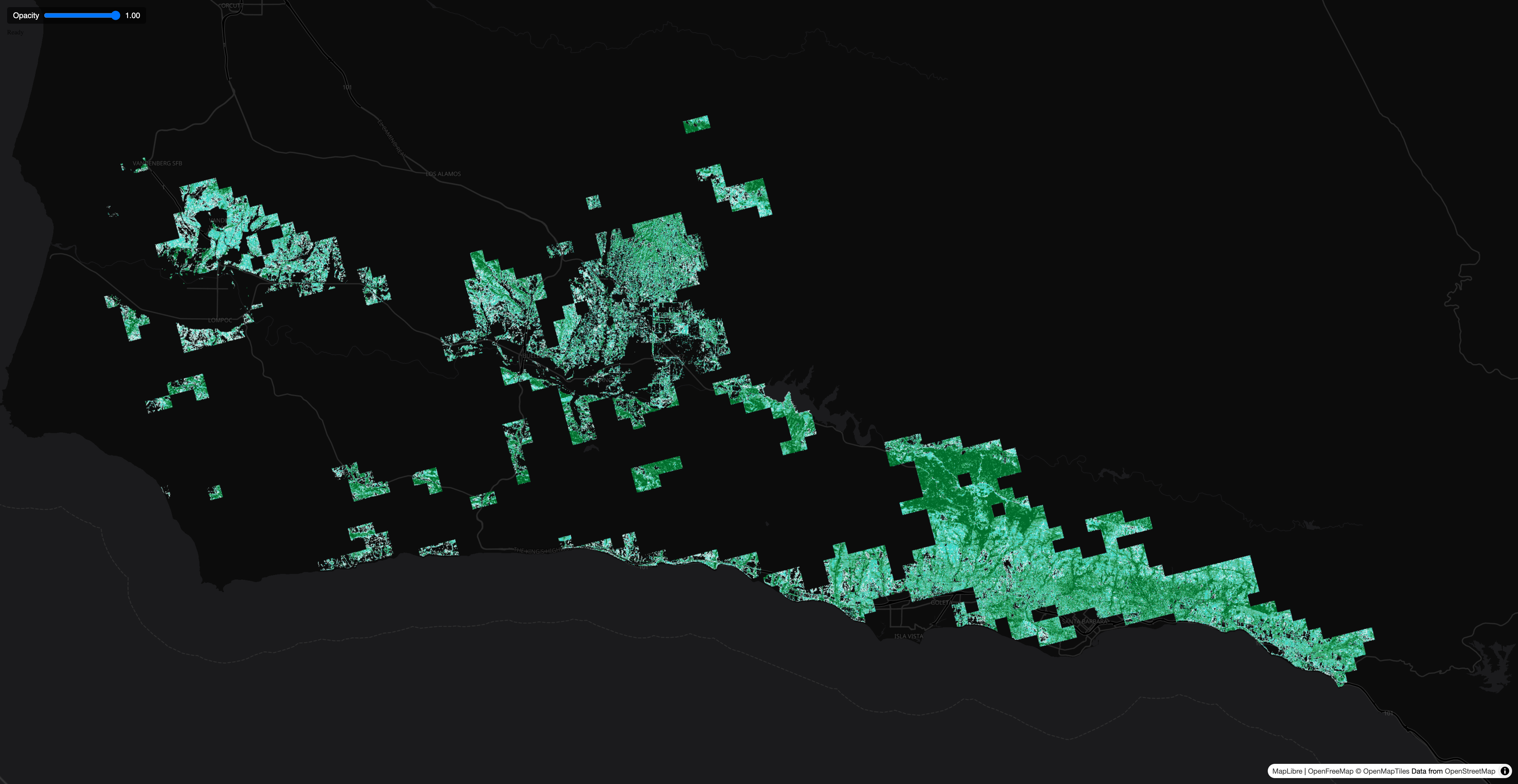 RGB GeoTIFF displayed as a true-color image layer on a map